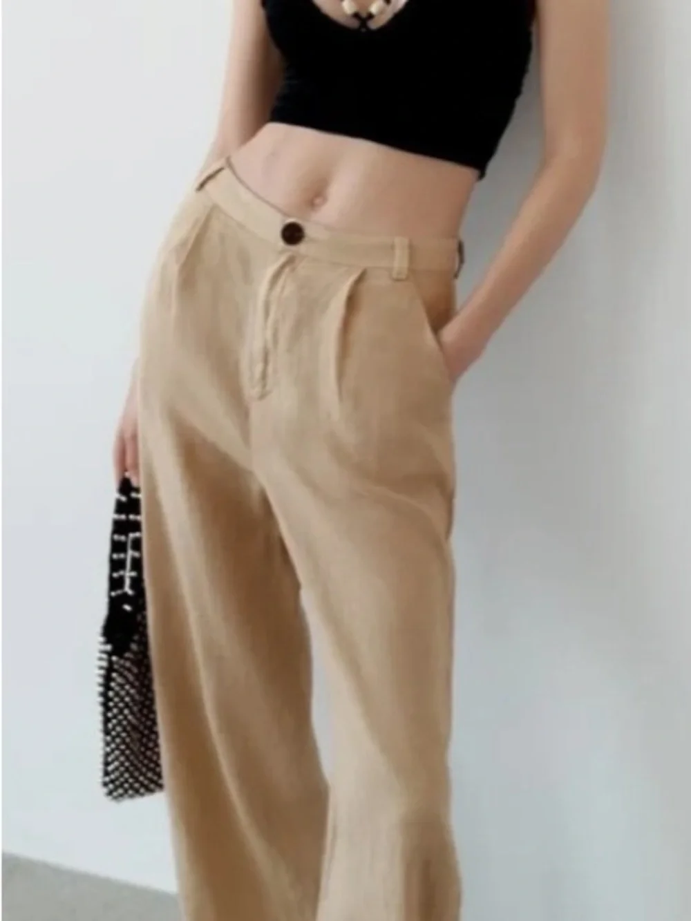 NWT Zara High Waisted Pleated Wide-Leg Linen-Blend Trousers - Beige